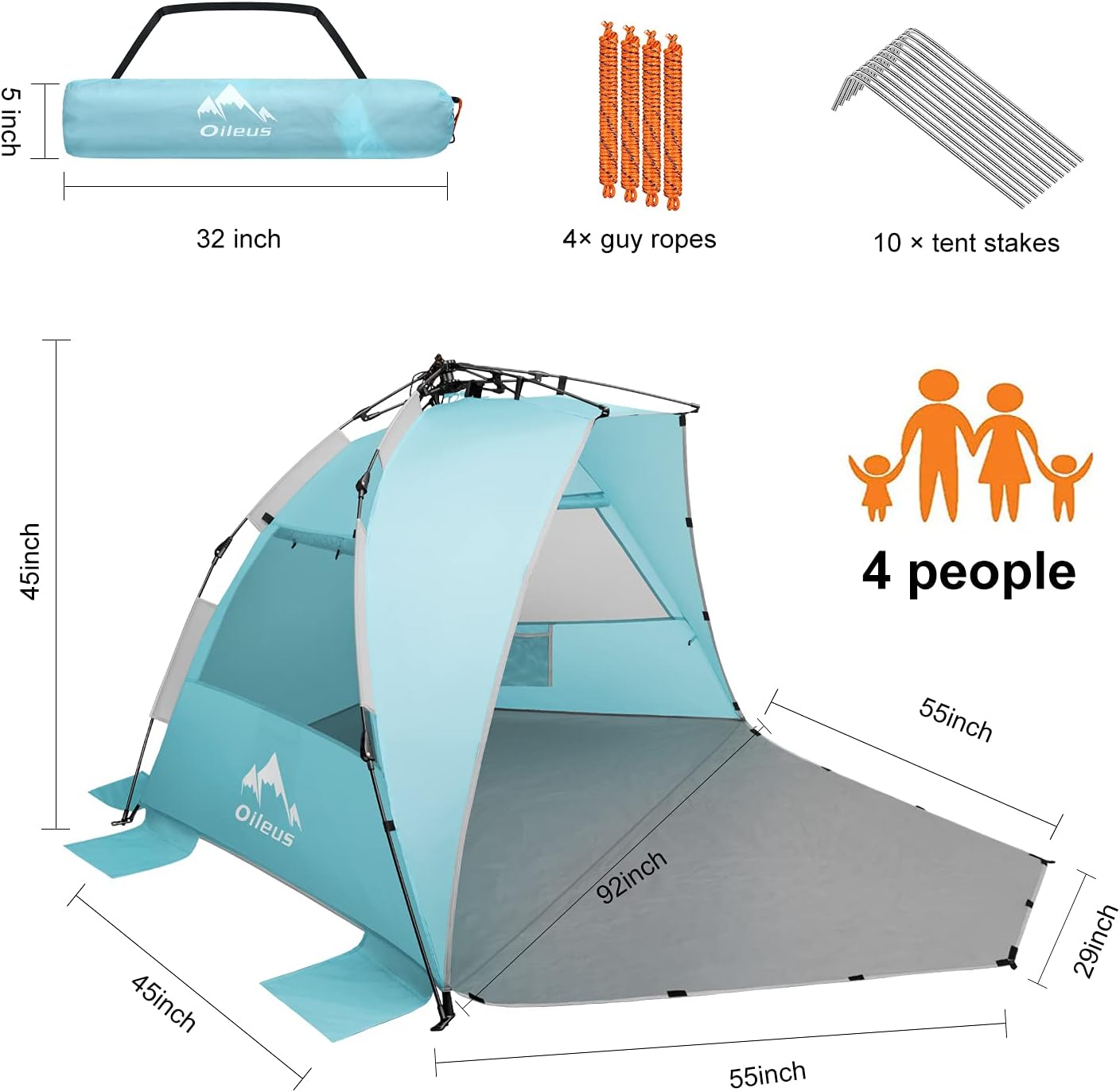 Oileus X-Large 4 Person Beach Tent Sun Shelter - Portable Sun Shade Instant Tent for Beach with Carrying Bag, Stakes, 6 Sand Pockets, Anti UV for Fishing Hiking Camping, Waterproof Windproof, Sky Blue
