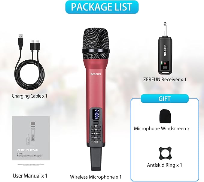 Rechargeable Wireless Microphone, Pro Handheld Cordless Mics System Dynamic with Echo Treble BASS VOL Control for Karaoke Singing Church Party, 1/4'' Output, D240, Red