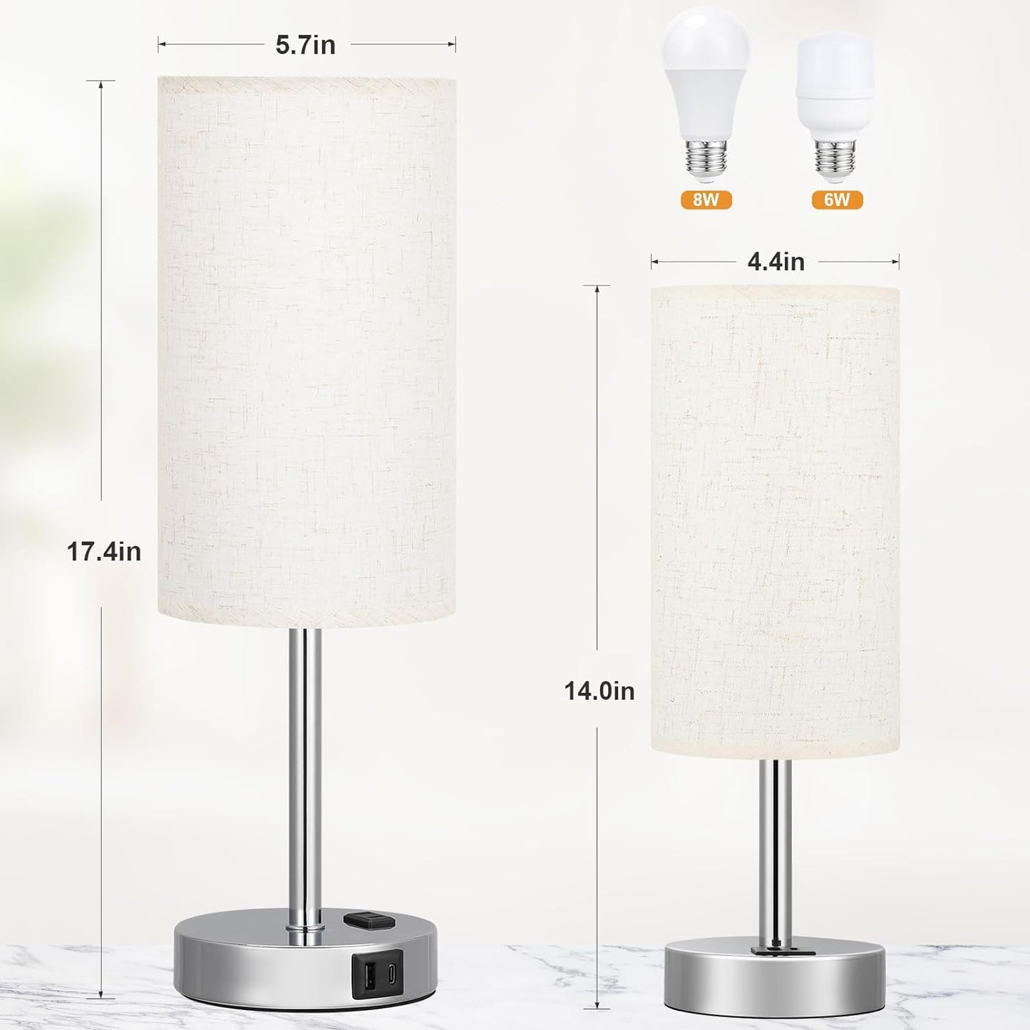 17.4Inch Bedside Touch Table Lamps for Bedroom Nightstand with USB-C USB-A Charging Ports White - 3 Way Dimmable Control Small Lamp Fabric Shade Silver Base for Office, Dorm Room, Living Room, Reading