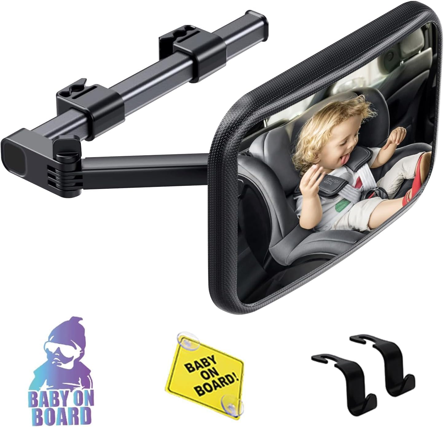 Baby Car Mirror Rear Facing, Safety Adjustable Car Seat Mirror for Baby Extendable Camera Monitor with Hook Clip Design Clear View ShatterProof + 2 Baby on Board Stickers,2 Seat Headrest Hook