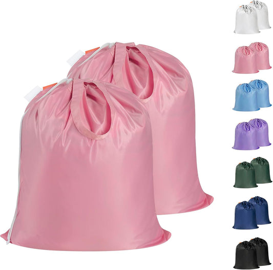 Polecasa Small Heavy Duty Laundry Bag with 130gsm Tear Resistant Fabric and Handles, Easy to Carry Durable Dirty Clothes Drawstring Bag, Perfect for College Dorm, Travel, 2 Pack 21”x24”,Pink