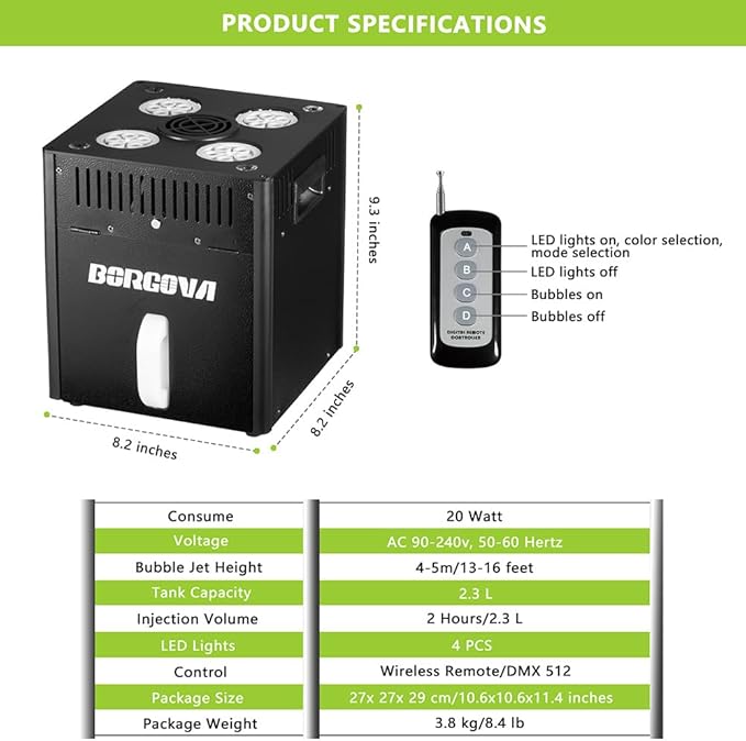 Stage Bubble Machine with Lights, DMX Control, Wireless Remote - Perfect for Weddings, Commercial Performances, Kids’ Parties, and Carnivals