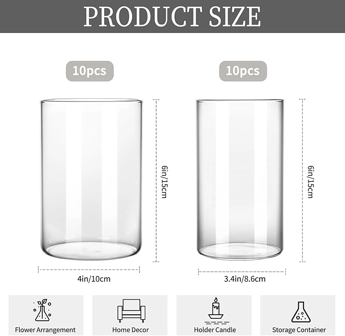 CEWOR 20pcs Flower Vases for Centerpieces, 6 Inch Glass Cylinder Vase Clear Vases Candle Holder for Floating Candles Home Table Decor Wedding Party, 2 Diameters