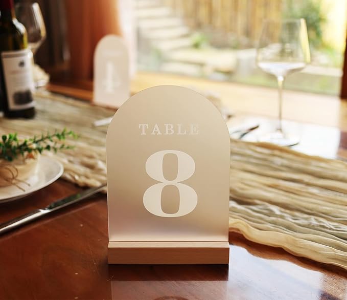 Frosted Blank Arch Acrylic Sign with Wooden Stands - 10 Pack DIY Customizable Sign Kit for Wedding Table Numbers, Restaurant Party Bridal Shower (5x7 Inch)