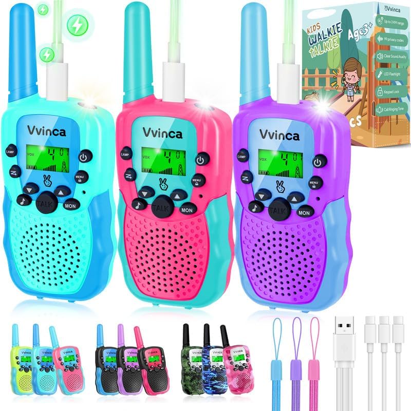 Vvinca Walkie Talkies for Kids Rechargeable 3 Pack, Toys for Boys Girls Age 3-13 Ourdoor Camping Birthday Gift, 3KM Long Range Walkie-Talkie 2 Way Radios 22 CH VOX with Li-ion Battery Flashlight