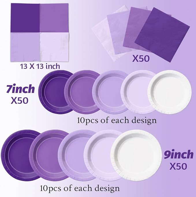 CMUSKO Lavender Party Supplies-150Pcs Purple Plates and Napkins Kit Serves 50,Gradient Light Purple Tableware for Birthday,Baby Shower,Wedding