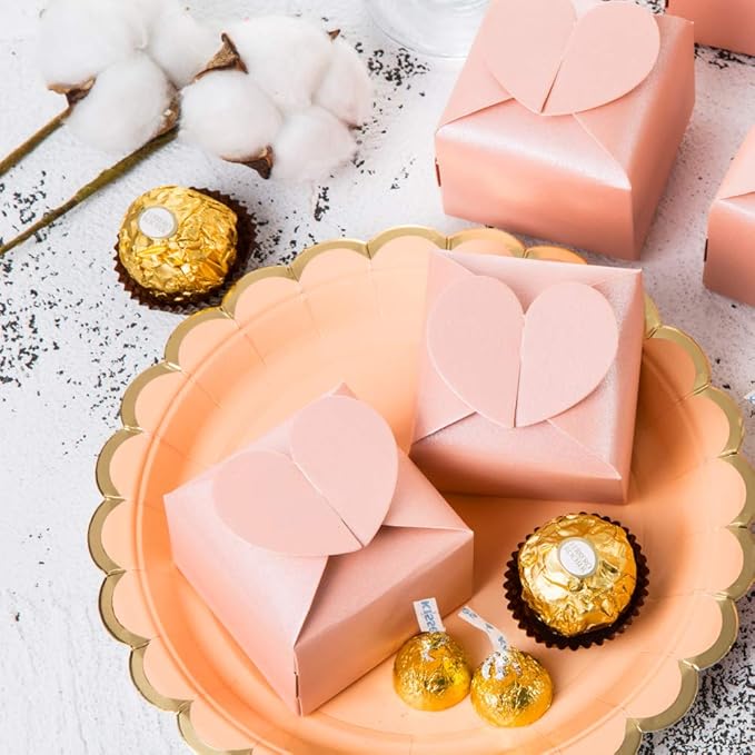 AWELL Pink Favor Box Bulk 2.5x2x2.5 inches with Heart Bow Party Favor Box,Pink,Pack of 50