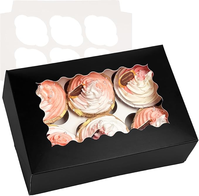 Bakepacker Auto-pop up 6 Cupcake Boxes with Window 20 Count Black Box 9.4 x 6.1 x 3 inch Cupcake Carrier