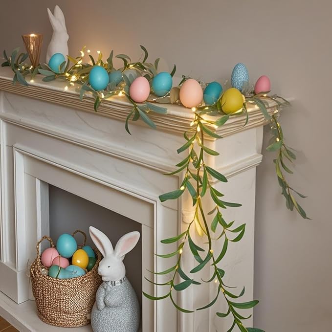 Hairui Lighted Artificial Olive Garland 6FT 96 LED Fairy Lights Battery Operated, Faux Vine Lights with Timer for Spring Christmas Holiday Fireplace Décor