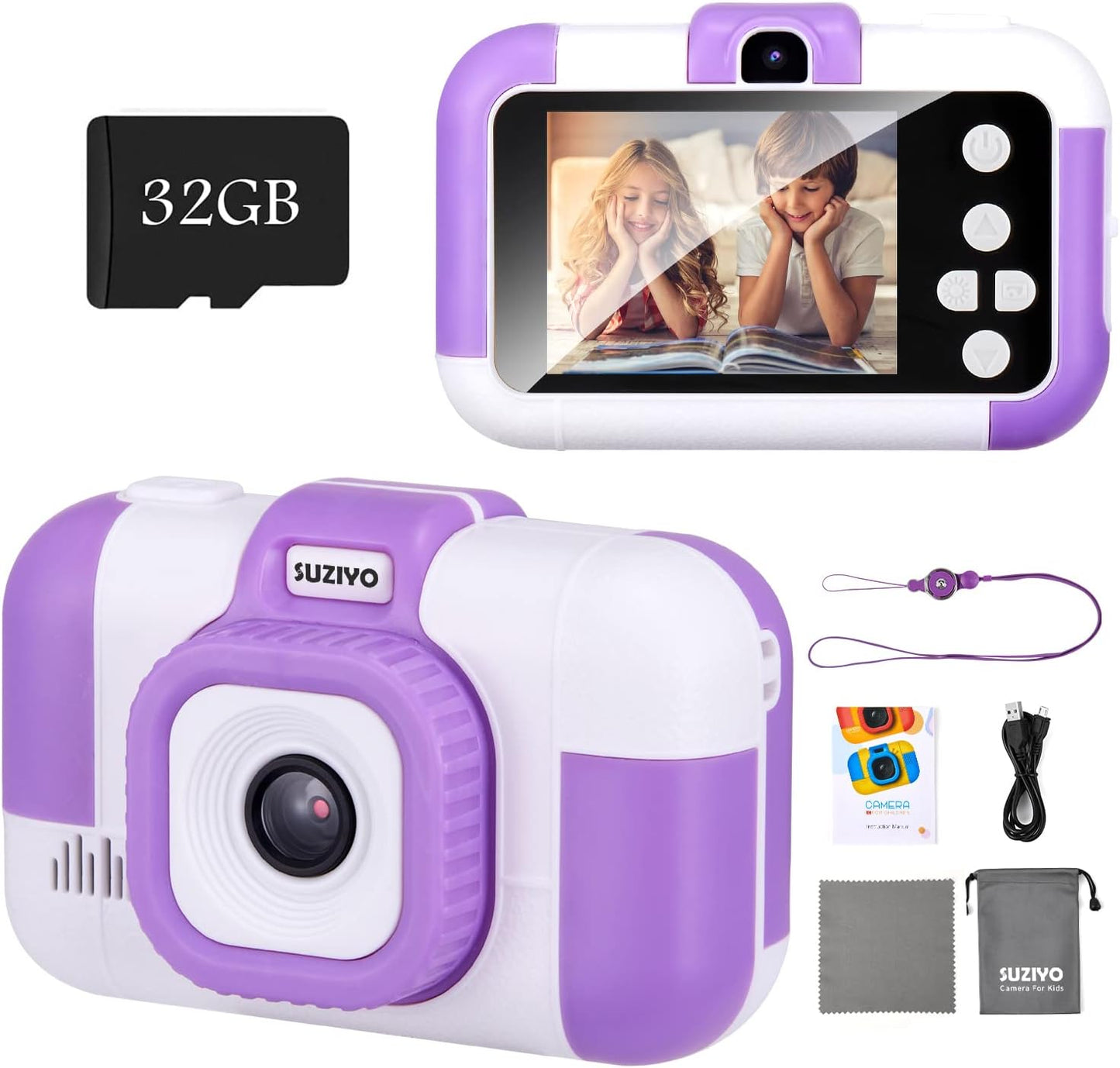SUZIYO Children Camera, Birthday Electronic Toys for Kids, Upgrade Toddlers Selfie Digital Camcorder 1080P for Age 4-7 Years Old Boys Girls with 32G SD Card, Purple