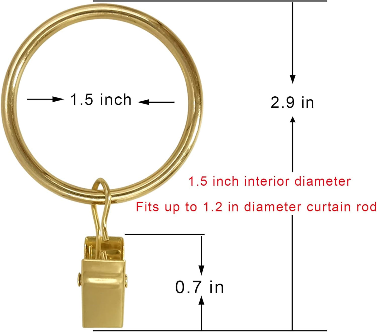 40 Pack Gold Curtain Rings with Clips, Curtain Hooks Hangers Clip Rings for Hanging Drapes Bows Hat, Drapery Rings 1.5 in I D, Fits up to 1.2 in Diameter Curtain Rod.