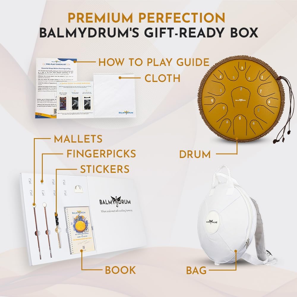 The Balmy Drum - 15 Note 14 Inch Steel Tongue Drum, Steel Drum Instrument, Drums For Children and Adults, Balmy Drum Set for Kids with Music Book, Handpan, Mallet and Carry Bag (Gold)