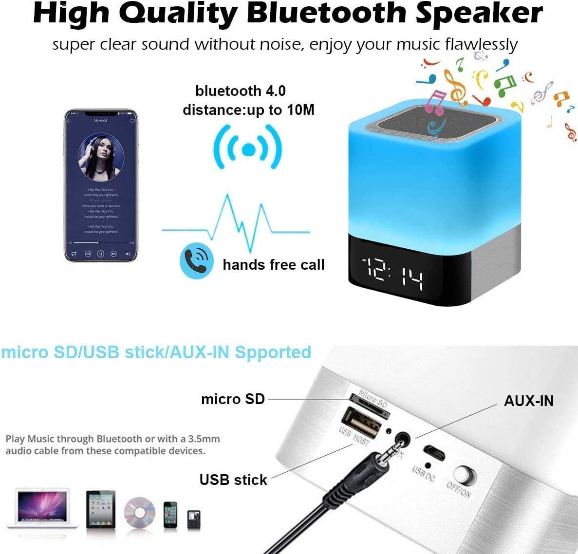 Night Lights Bluetooth Speaker, Alarm Clock Touch Sensor Dimmable Multi-Color Changing Bedside Lamp, MP3 Player, Wireless