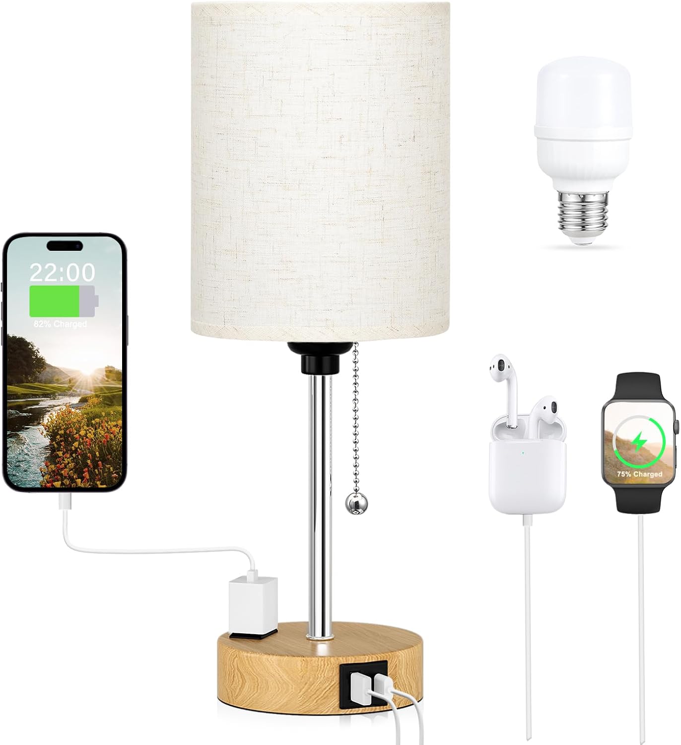 Small Bedside Lamp for Bedroom Nightstand - Table Lamp with USB C and A Port, Pull Chain Bed Lamps with AC Outlet, Wood Base Night Stand Lights for Kids Reading, Desk Lamp for Living Room/Dorm Room