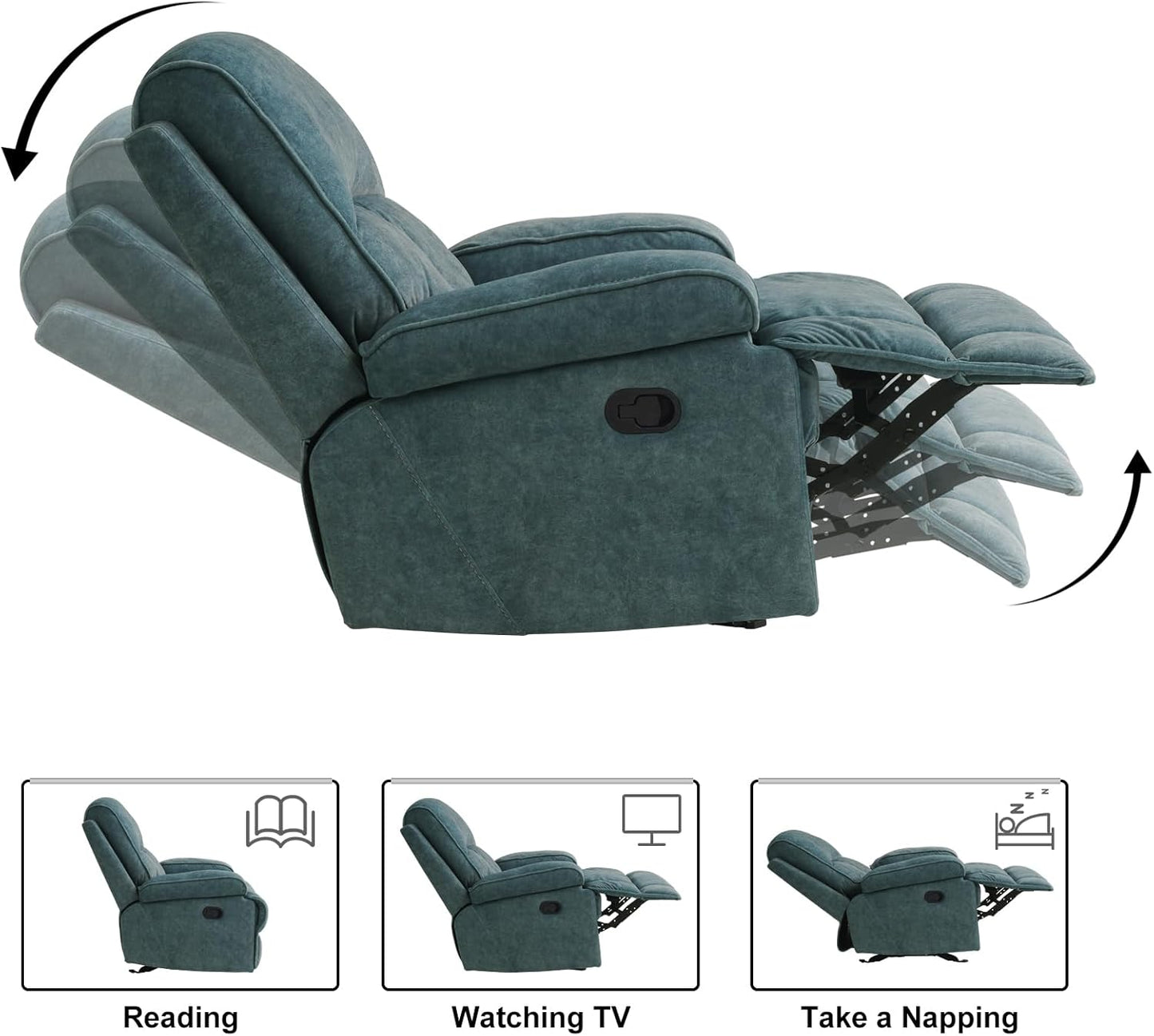 Rocker Recliner Chair for Adults, Manual Glider Chair for Nursery, Reclining Single Sofa Chair for Living Room, Upholstered Fabric Armchair, High Back, Deep Seat, Blue