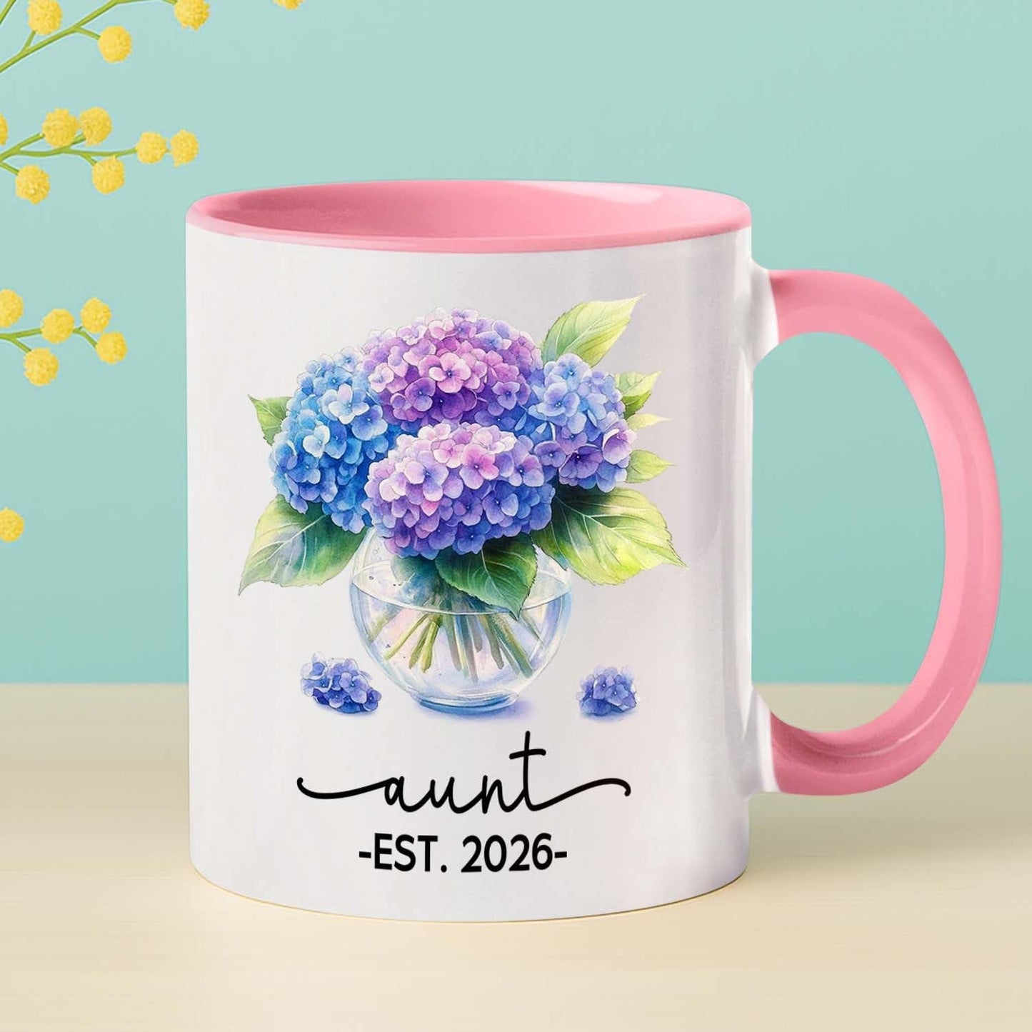 Personalized Year Name Aunt Coffee Mug Gift For Pregnancy Reveal Birthday, Customized Aunt EST 2026 Accent Cup, Hydrangea Auntie White Coffee Cup 11 15 Oz, Auntie to Be Mug Gift For Sister Besties