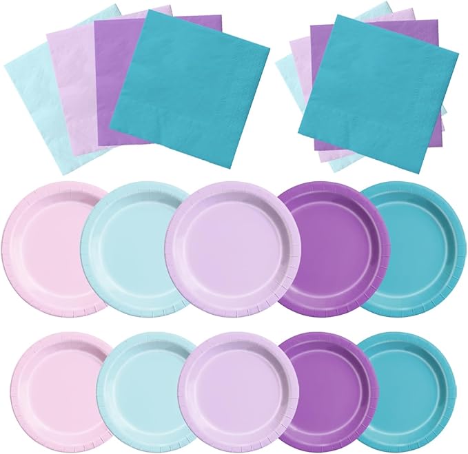 CMUSKO Mermaid Birthday Decorations-150Pcs Pink Blue Purple Plates and Napkins Mermaid Theme Party Supplies Serves 50 for Girl Birthday,Baby Shower,Wedding