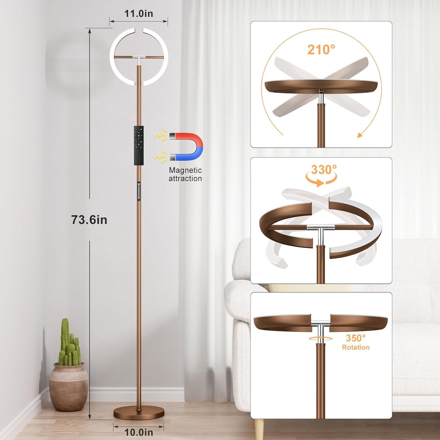 Floor Lamps for Living Room, 40W/2400LM LED Floor Lamp with Touch & Remote Control, 70" Tall Standing Lamp Stepless Dimmable, Modern Torchiere Corner Lamp for Bedroom, Office - Brown