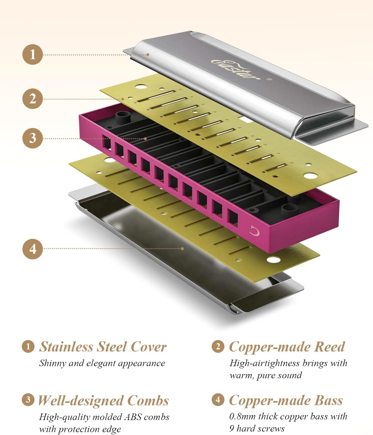Eastar Major Blues Diatonic Harmonica, 10 Holes C Key Beginner for Kids Children Adults Students, with Hard Case and Cloth, Pink