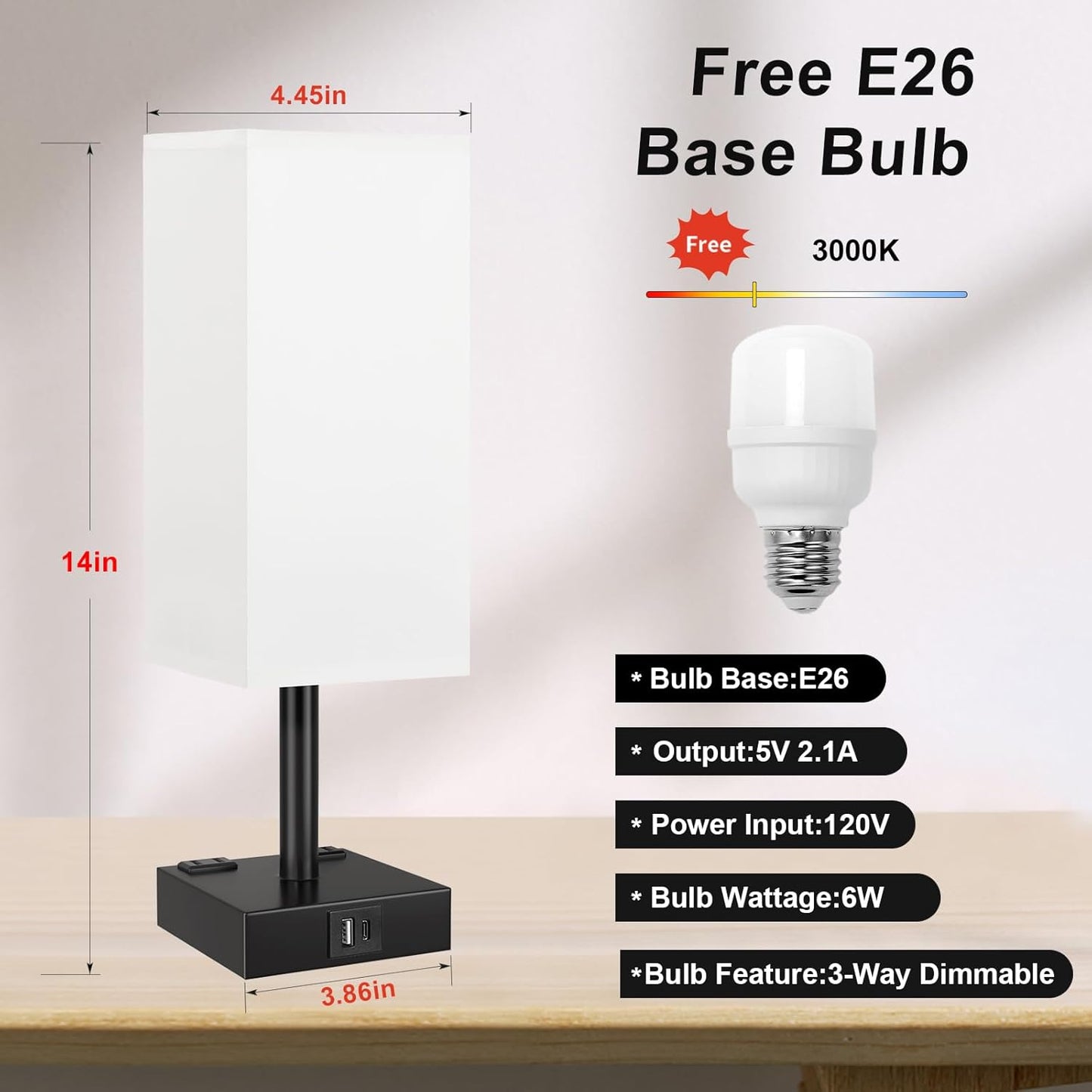 Touch Bedside Table Lamp for Nightstand - 3-Way Dimmable Night Lamp with USB A + Type C Charging Ports and Two AC Outlets, Small Desk Light with E26 LED Bulb for Bedroom Living Room,White Black