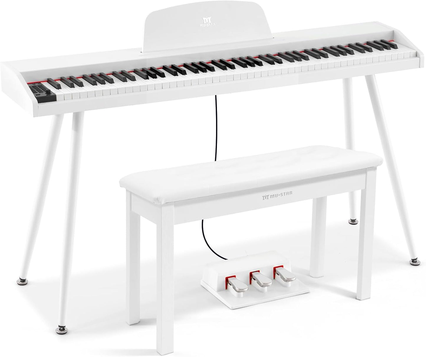 MUSTAR 88 Key Piano Keyboard with Piano Bench, Digital Piano 88 Semi Weighted Keys, Portable Electric Piano with Storage Stool, 3 Pedals, Built-In Speakers, USB/MIDI, White