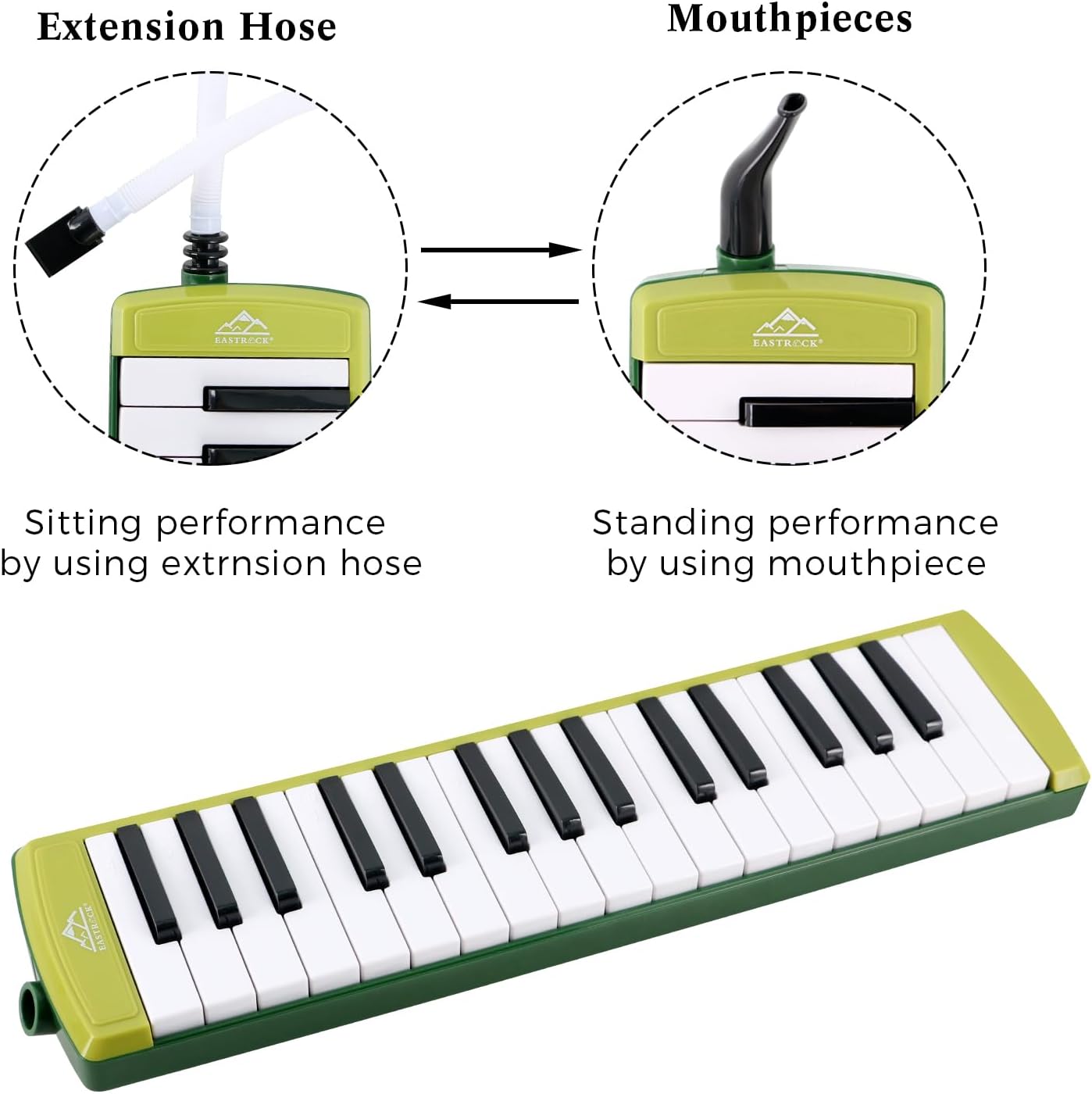 EASTROCK 32 Key Melodica Instrument Air Piano Keyboard Soprano Melodica with 2 Mouthpieces Tube Sets Carrying Bag for Beginners Adults Gift Green