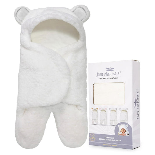 Jam Naturals- Baby Swaddle Blanket, Cute Bear Organic Receiving Swaddling Wrap, Gender Neutral Soft Newborn Baby Registry Gift (White 0-3m)