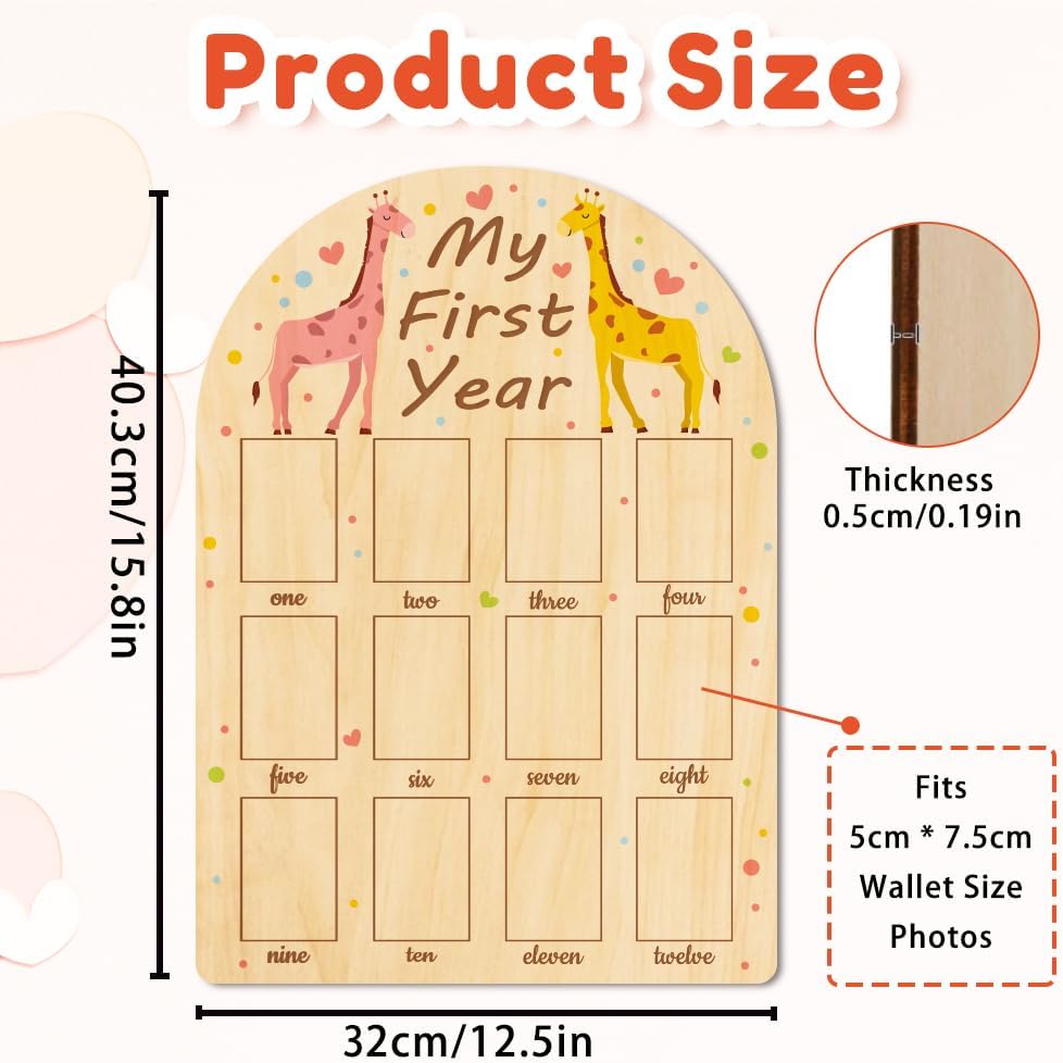 ORIGACH My First Year Baby Growth Photo Display Wood Board - 12 Months Newborn Milestones Photo Board - Neutral Baby Keepsake Frame 1st Birthday Party Nursery Decor New Mom Gift - Giraffe