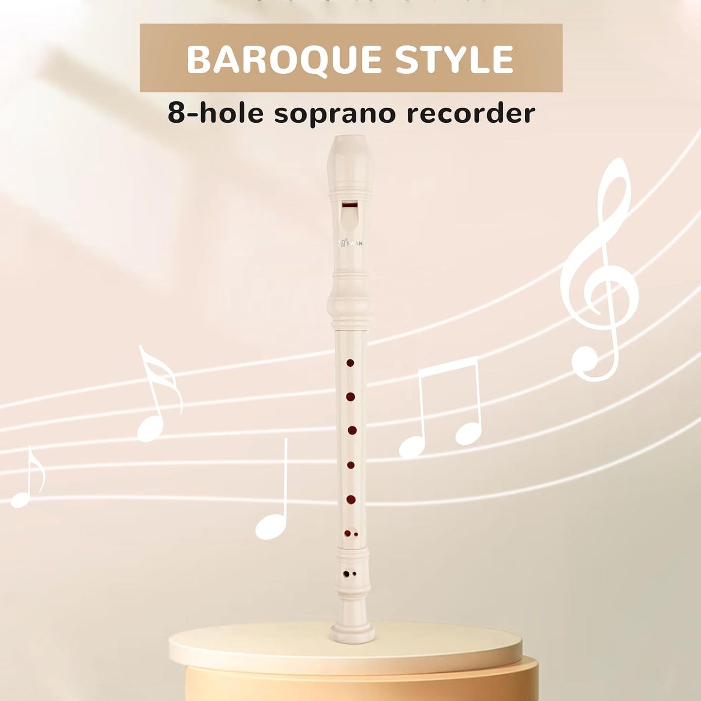 SWAN Soprano Recorder Instrument for Beginners Student - Baroque Style 8 Hole Flute Detachable 3pcs Descant Recorder with Cleaning Rod and Fingering Chart for Kids over 6 Years Old, Beige