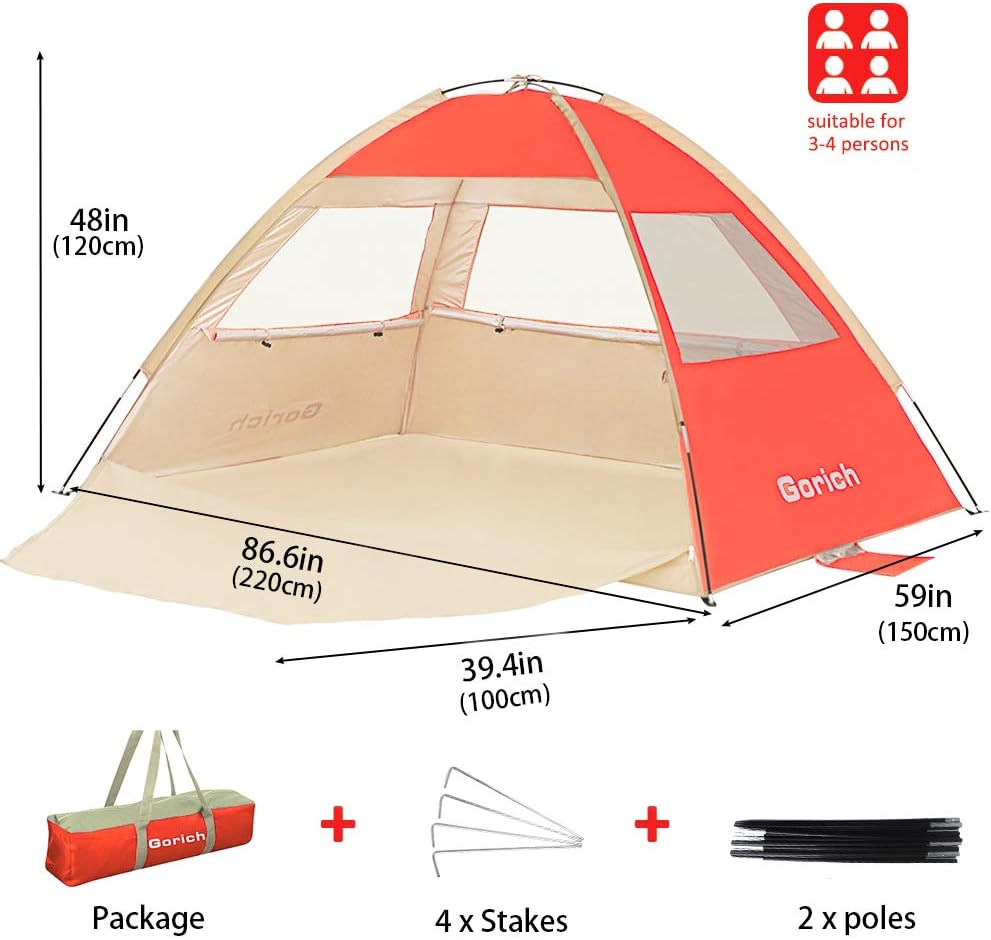 Gorich Beach Tent Sun Shelter for 3/4-5/6-7/8-10 Person with UPF 50＋ UV Protection, Lightweight & Easy Setup Beach Shade Canopy, Portable Beach Shade Tent Beach Cabana