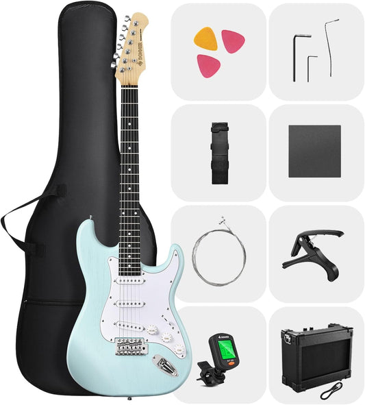 DONNER DST-80 Electric Guitar 39” Beginner Electric Guitar Kit with Amp, Classic SSS Pickup Complete with Gig Bag, Tuner, Capo, Strap, Picks, and Free Online Lessons