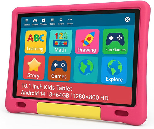 10.1 Inch Kids Tablet with Shockproof Case | Android 14, 64GB+8GB RAM, 12H Battery | Parental Control, Google Kids Space & Preloaded Educational Apps | WiFi 6, HD Display, Ages 3-12