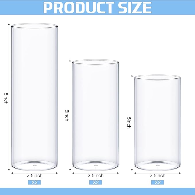 Thin Glass Cylinder Vases 2.5''/3.3'' Diameter 2mm Wall Thickness Clear Flowers Vase Hurricane Floating Candles Holders for Table Centerpieces Wedding Decor(2.5'' X 5'',6'',8'',6 Pcs)
