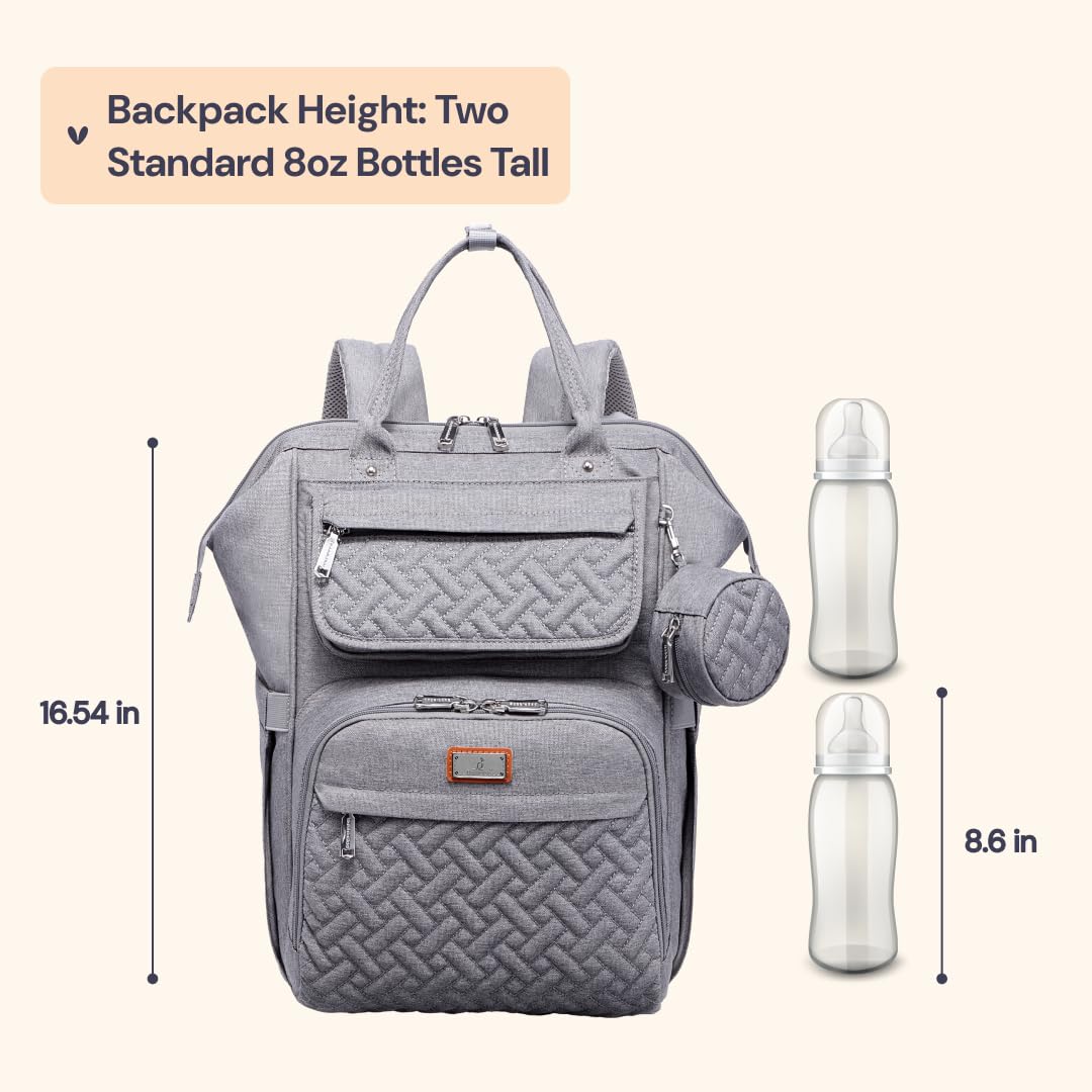 BabbleRoo Diaper Bag Backpack, Multifunction Large Bags with Changing Pad & Stroller Straps & Pacifier Case, Unisex Stylish Travel Back Pack Nappy Changing Bag for Moms Dads (gray)