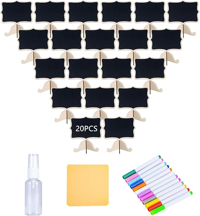 Reusable 20 Pcs Mini Chalkboard Signs with Easel Stand for Food Labels, Weddings, Birthday Parties, Message Board Signs and Event Decorations,Include 12 Colors Water-Based Chalks