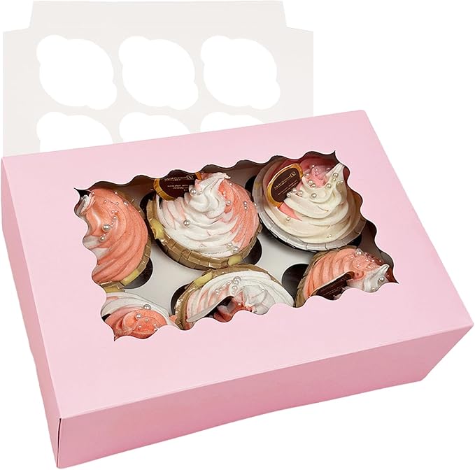 Bakepacker Auto-pop up 6 Cupcake Boxes with Window 20 Count Pink Box 9.4 x 6.1 x 3 inch Cupcake Carrier