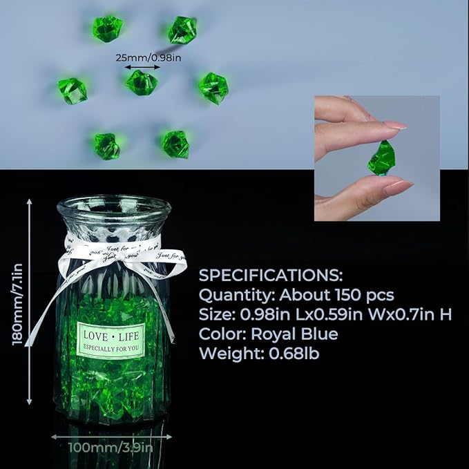 Babenest Acrylic Crushed Ice Rocks, 150 PCS Fake Crystals Plastic Ice Cubes Diamonds Gems for Vase Fillers, Home Decoration, Table Scatter, Event, Wedding, Arts & Crafts (Green)