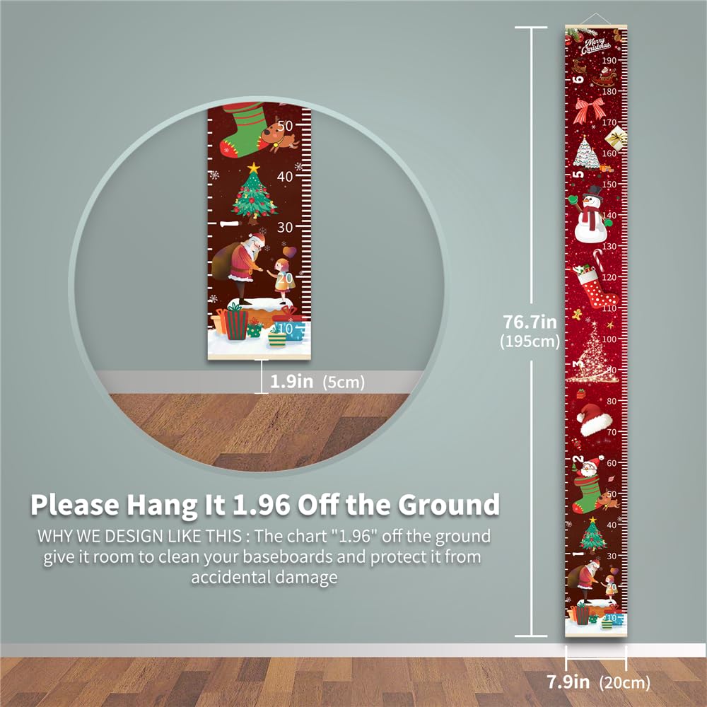 Christmas Baby Growth Chart for Wall, Height Chart for Kids, Xmas Kids Nursery Decor, Hanging Ruler Wall Decor, Kids Room Decor, Holiday Gifts for Boys Girls Toddlers - 76.7 x 7.9in with Black Wood