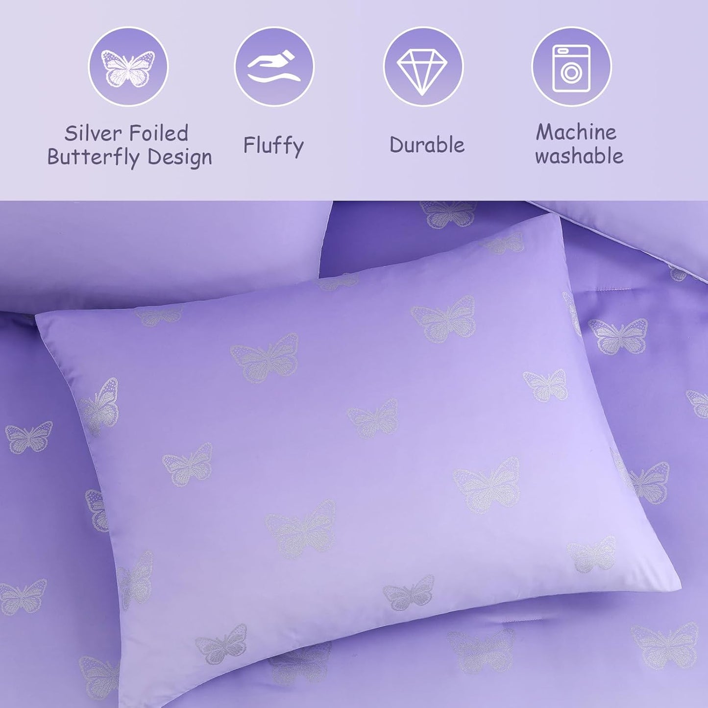 Twin Comforter Set with Sheets for Girls-5 Pieces Twin Bedding Sets with Purple Comforter, Sheets, Pillowcase & Sham for Kids (Purple Butterfly, 66" X 86")