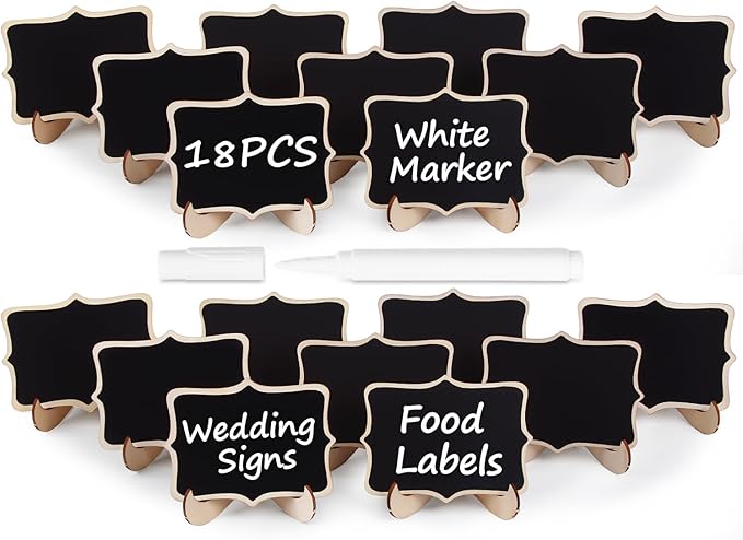 Herda 18 PCS Mini Chalkboard Signs with Easel Stand, Wooden Blackboard Labels for Wedding Celebration, Name/Place Cards, Food Labels for Party Buffet, Reusable Signs/Message Boards/Table Numbers etc.