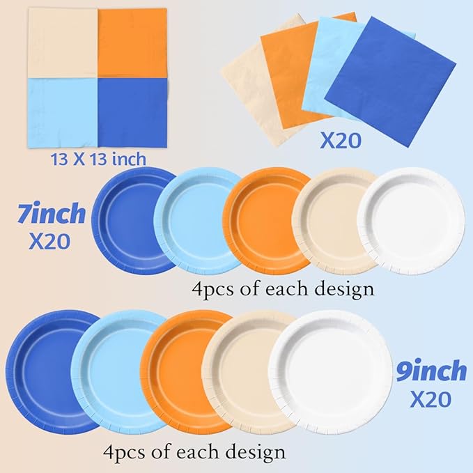 CMUSKO Blue and Orange Party Decorations - 60pcs Orange Light Blue Dog Theme Plates & Napkins Kit for Boy Baby Shower,Birthday