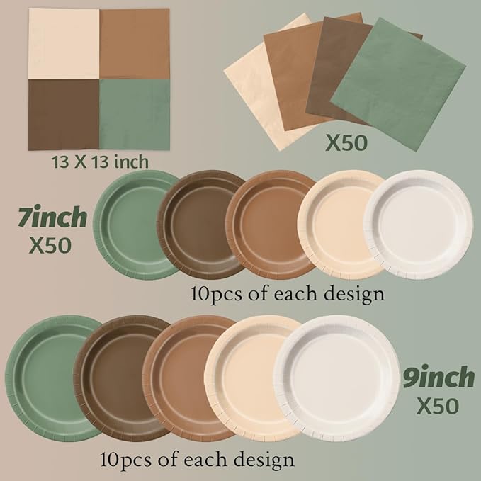 CMUSKO Woodland Baby Shower Decorations - 150pcs Brown Sage Green Forest Animal Theme Plates & Napkins Kit Serves 50- Safari Party Supplies for Birthday, Baby Shower Neutral