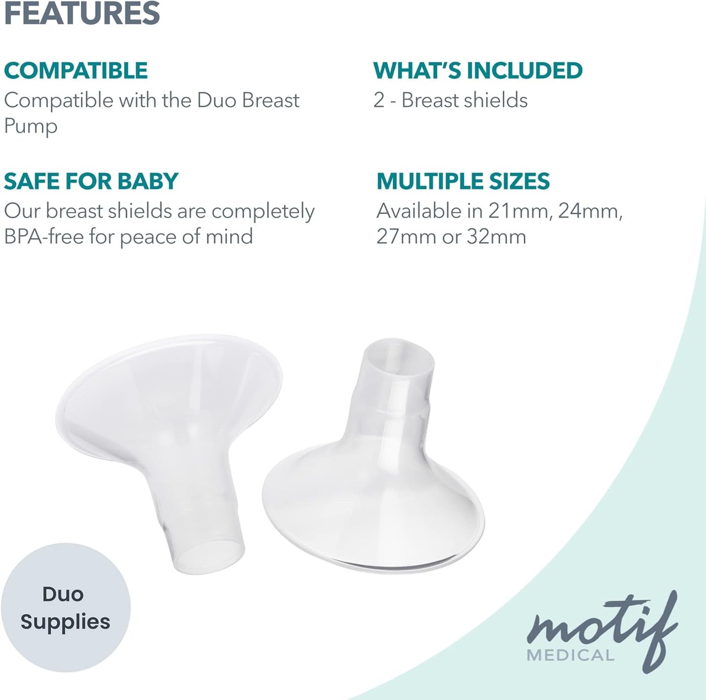 Motif Medical Duo Breast Pump Flange – Comfortable Breast Pump Flanges for Better Milk Flow & Pumping Ease - Ideal Breast Pump Flange Insert for Breastfeeding Moms (2 Shields, 27mm)