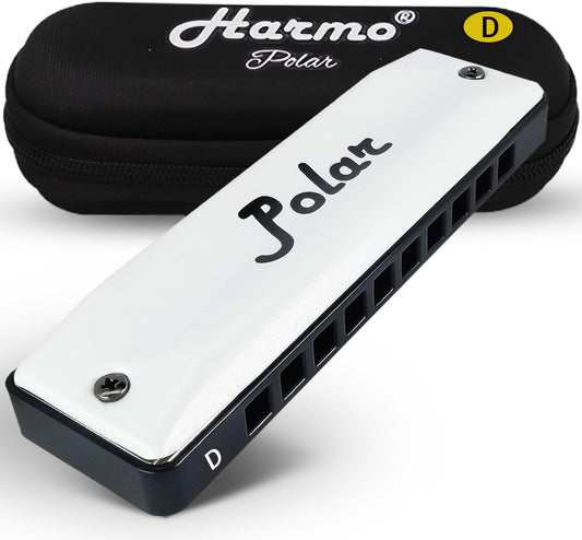 Harmo Polar Diatonic Harmonica Key of D - 10 Holes 20 Notes, Blues Harp Mouth Organ With Case, Phosphor Bronze Reeds, Suitable for All Genres, Harmonica for Kids, Adult, Beginners & Professionals