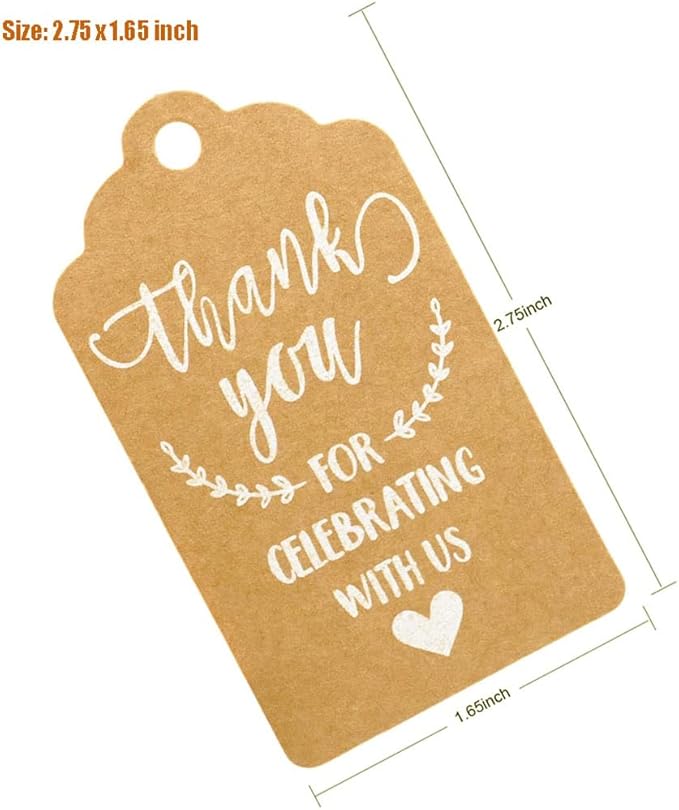 100 Pcs Kraft Paper Tags, Thank You for Celebrating with Us Tags with 20 Meters Jute Twine for Wedding Thanksgaving Christmas Party Arts and Crafts DIY Favor