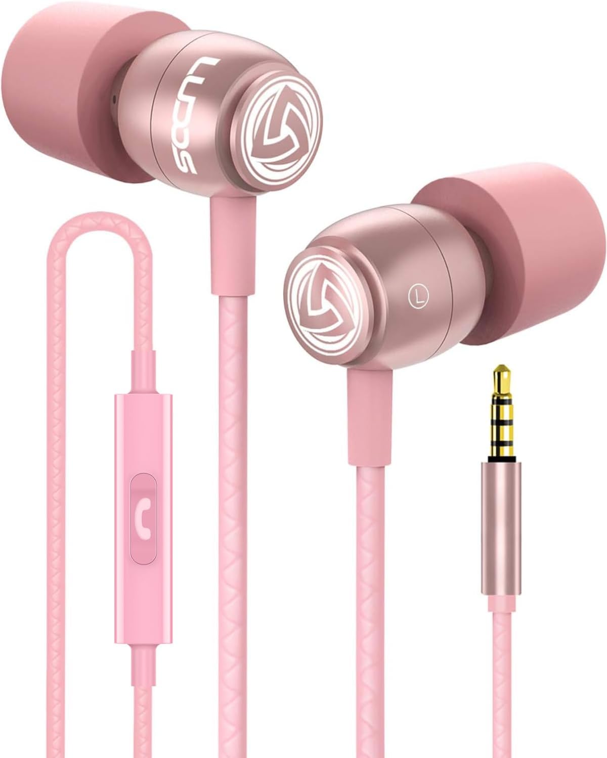 LUDOS Clamor Wired Earbuds in-Ear Headphones, 5 Years Warranty, Earphones with Microphone, Noise Isolating Ear Buds, Memory Foam for iPhone, Samsung, School Students, Kids, Women, Small Ears - Pink