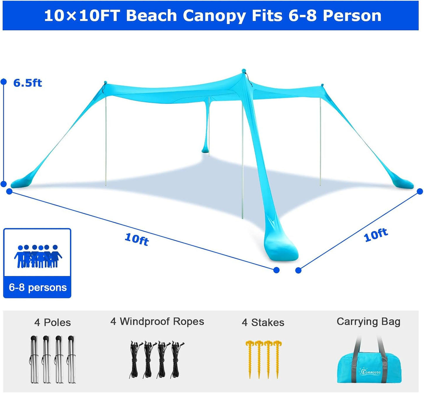 COMMOUDS Beach Tent Sun Shelter - UPF50+ Pop Up Beach Canopy with Sandbags & Sand Shovel & Windproof Poles, Portable Sun Shade for Beach, Camping, Picnics, Backyard