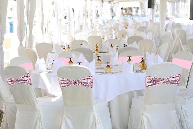 10 Pcs Chair Sashes Sequin Stretch Chair Bands Spandex Polyester Bows for Party Hotel Wedding Banquets Decoration - Pink
