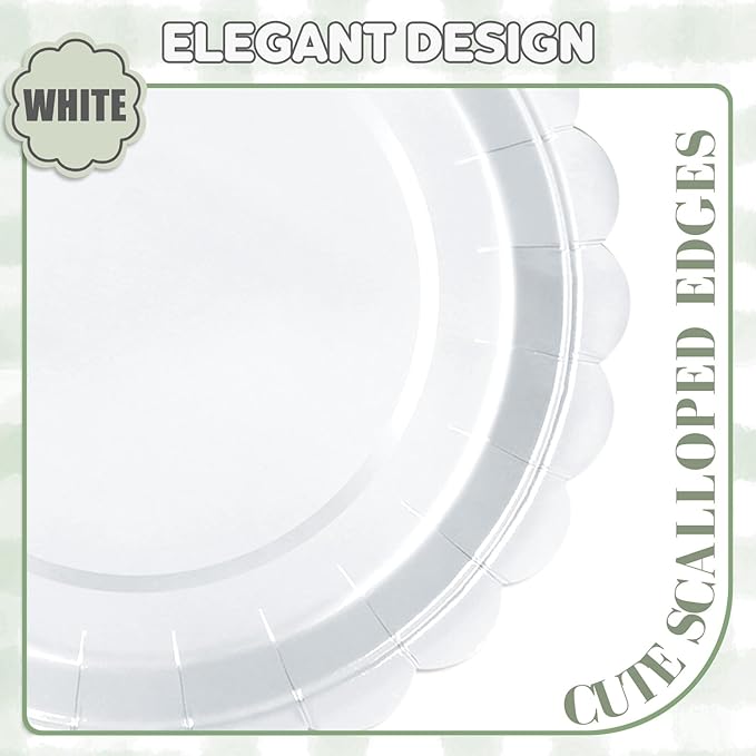 24 Pcs White Paper Plates 9 Inch Scalloped Dessert Plates - Disposable White Cake Plate - Baby Shower Birthday Party Wedding Bridal Party Supplies