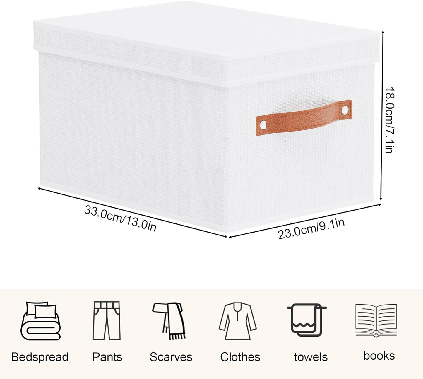 Fabric Storage Bins, 7.1 x 9.1 x 13 Inch Clothes Boxes for Shelves with Lids, Baskets for Organizing with Handles, Decorative Linen Closet Organizers, White, 3 Pack